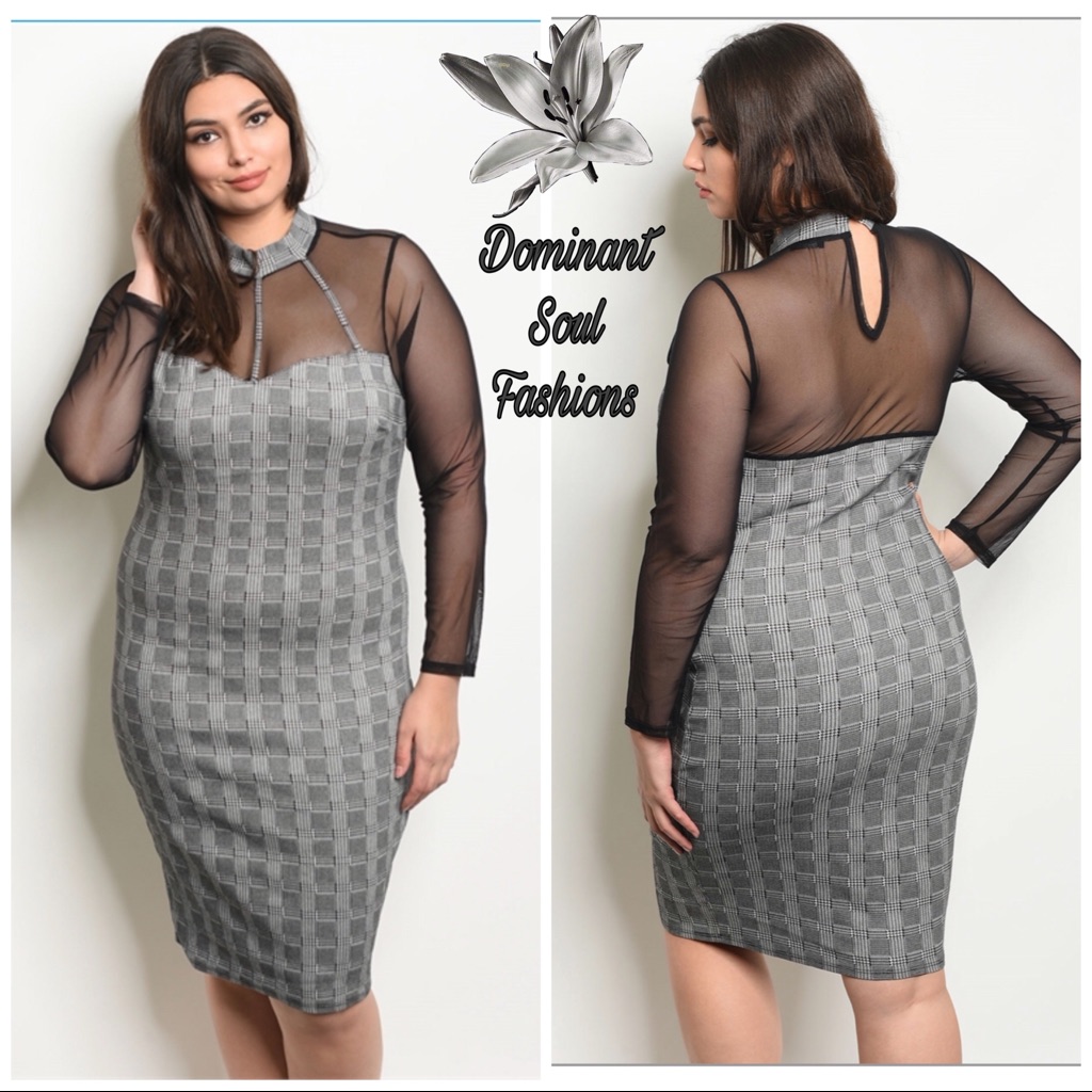 Bandage Gray Black Plaid Plus Size Dress - Grey